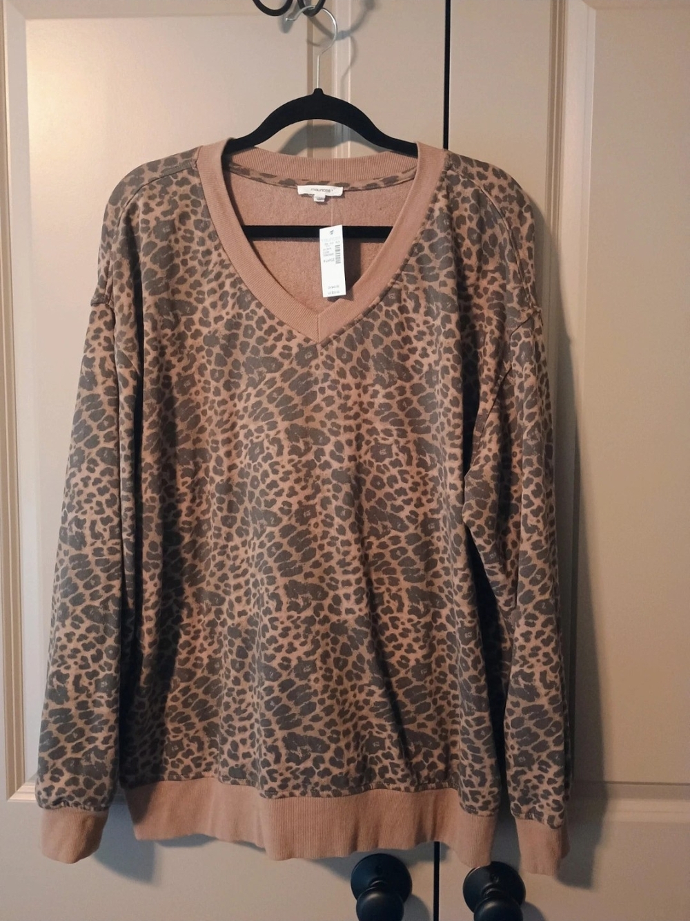 Maurices Leopard Print V-Neck Sweatshirt in Tan and Gray